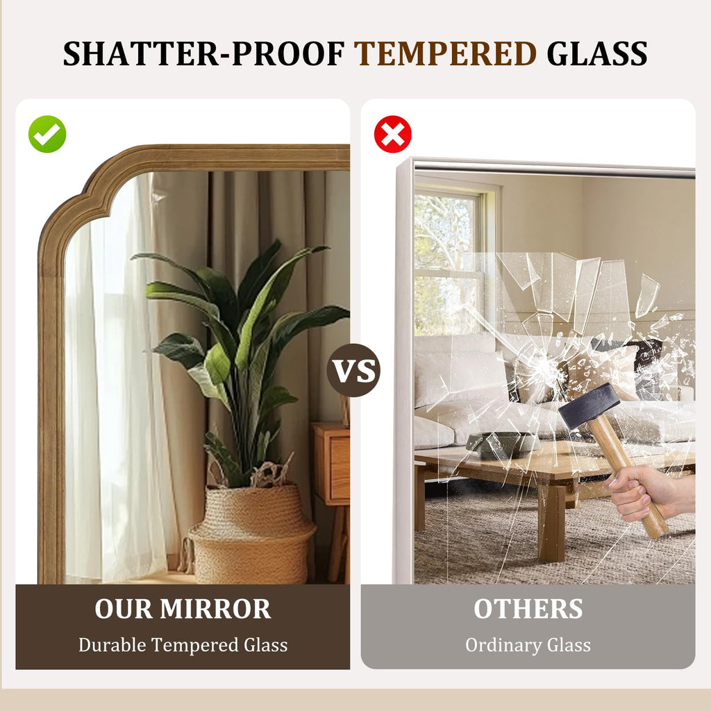 Wood Bathroom Mirror for Wall Decor Arched Rounded Corner Rustic Wood Frame Wall Mirror Home Decorative for Vanity