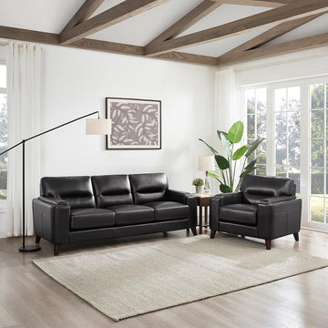 Elm Top Grain Leather Sofa and Chair Set, Black, Feather Down, Memory Foam and Springs Seating
