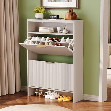 White Slim Shoe Cabinet with Curved Edges, Modern Hidden Shoe Storage Organizer with 2 Flip Drawers & Open Shelf
