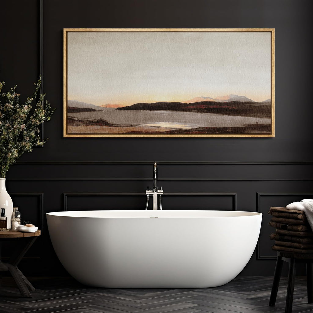 Extra Large Framed Canvas Print Wall Art Tranquil Lake at Sunset Soft Tones Antique Retro Fine Art Illustrations