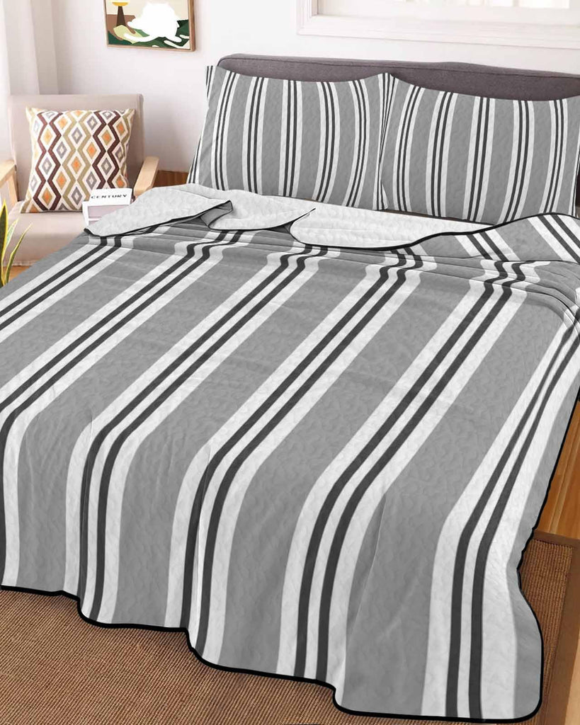 Gray Black and White Stripe Pattern Quilt Set 3 Pieces Quilted Bedspread- Soft, Neutral Ticking Stripe