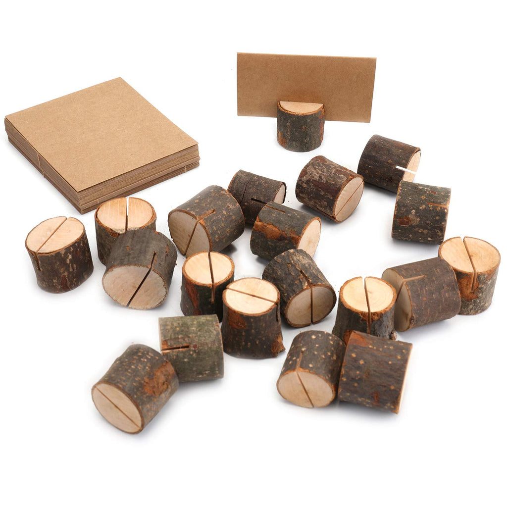 50 Pieces Wooden Place Card Holders with 50 Kraft Paper Cards, Rustic Wood Table Number Stands, Photo Holder for