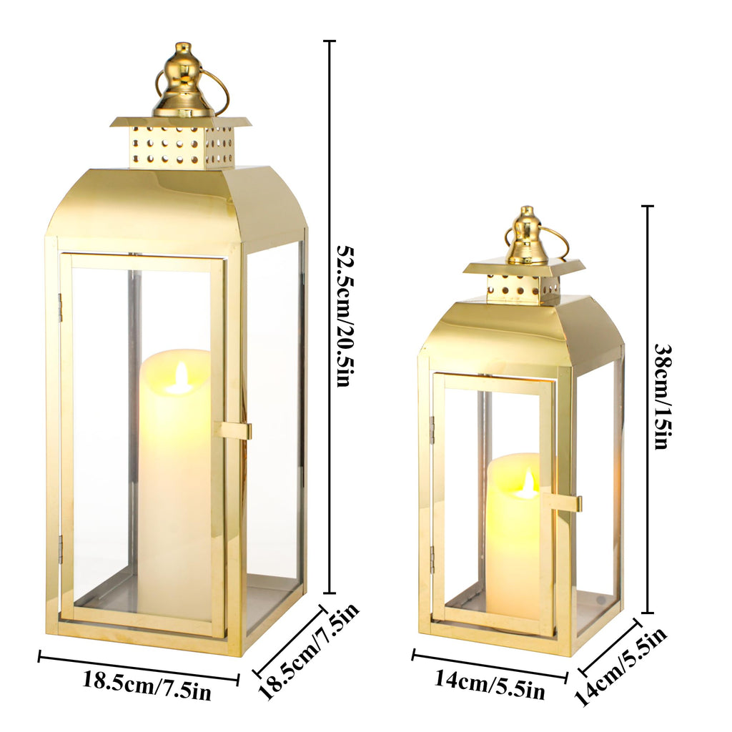 Set of 2 Gold Stainless Steel Decorative Candle Lanterns 20.5"&15" High Metal Candle Lanterns for Indoor Outdoor