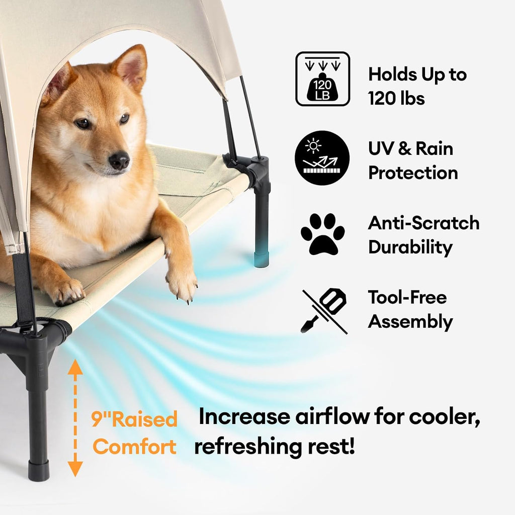 Outdoor Elevated Dog Bed with Canopy Large Sized Dog, 48" Khaki