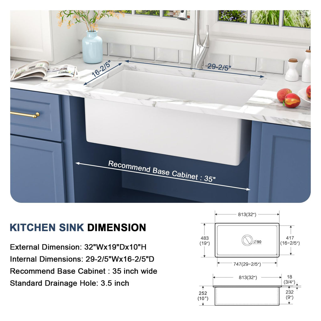 32" White Undermount or Drop Sink Fireclay