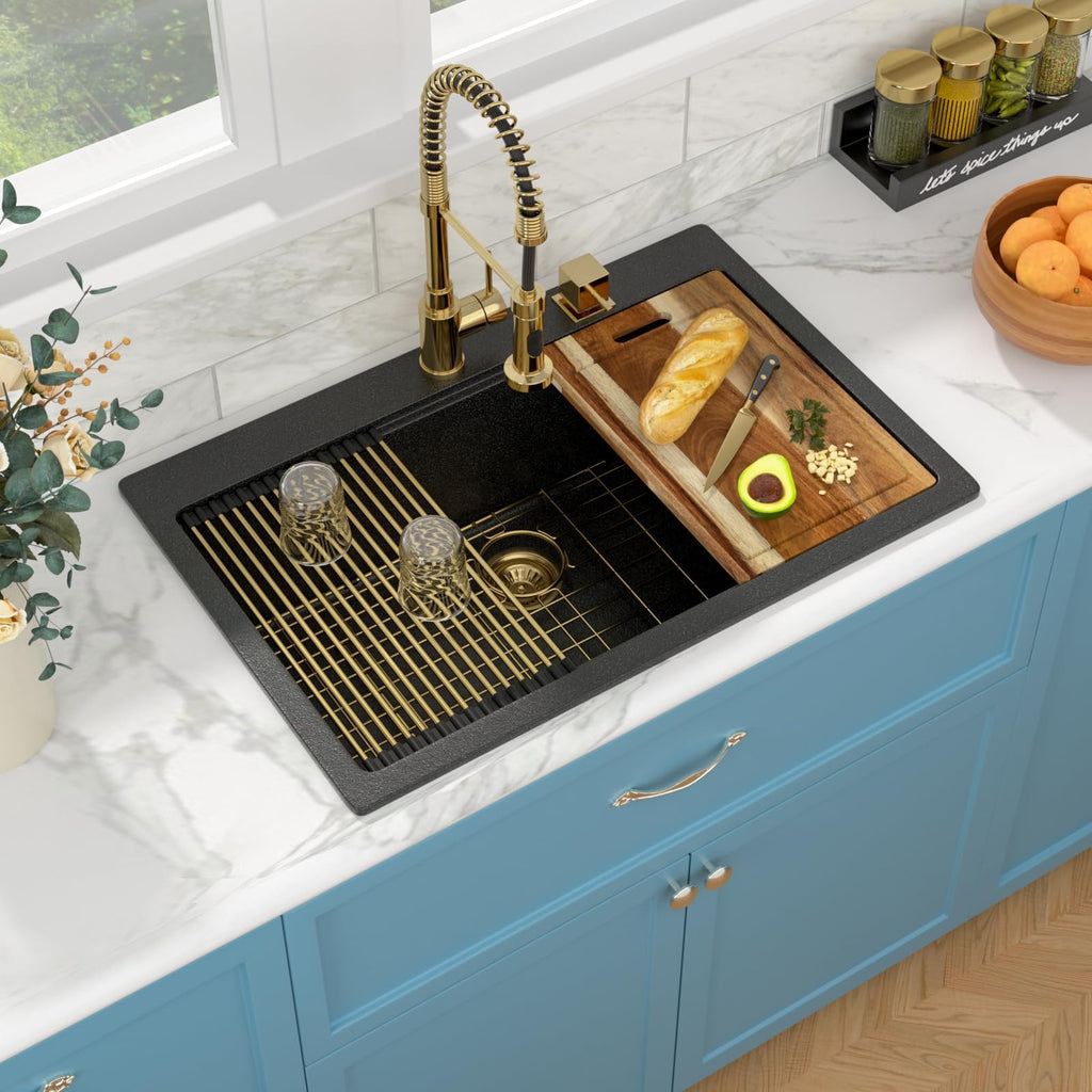 33 Black Granite Composite - 33"x22" Drop In Ledge Workstation Black Granite Quartz Composite Top-Mount Single Bowl