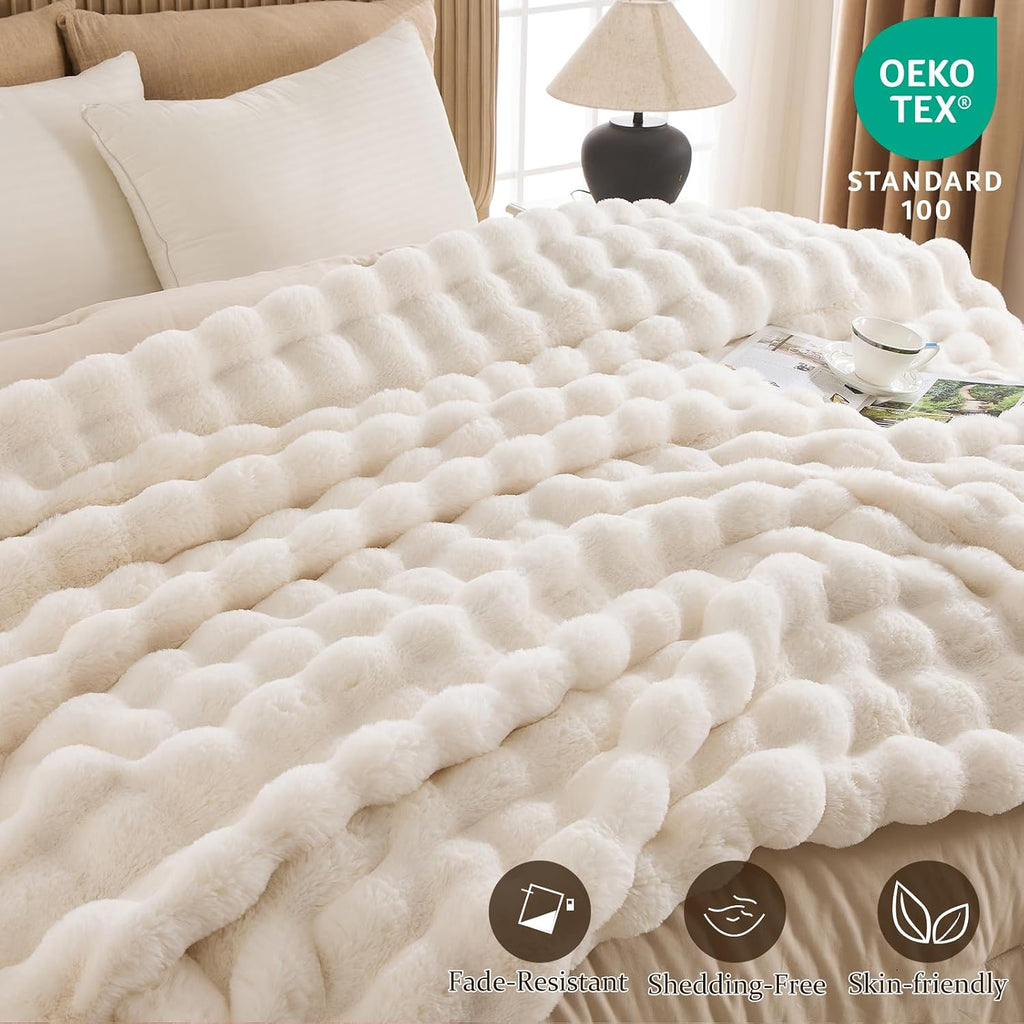 Bubble Faux Fur Twin Blanket for Couch, 60x80 Cream | Luxury Plush Fluffy Thick Blanket, Warm Soft Fuzzy Throw for