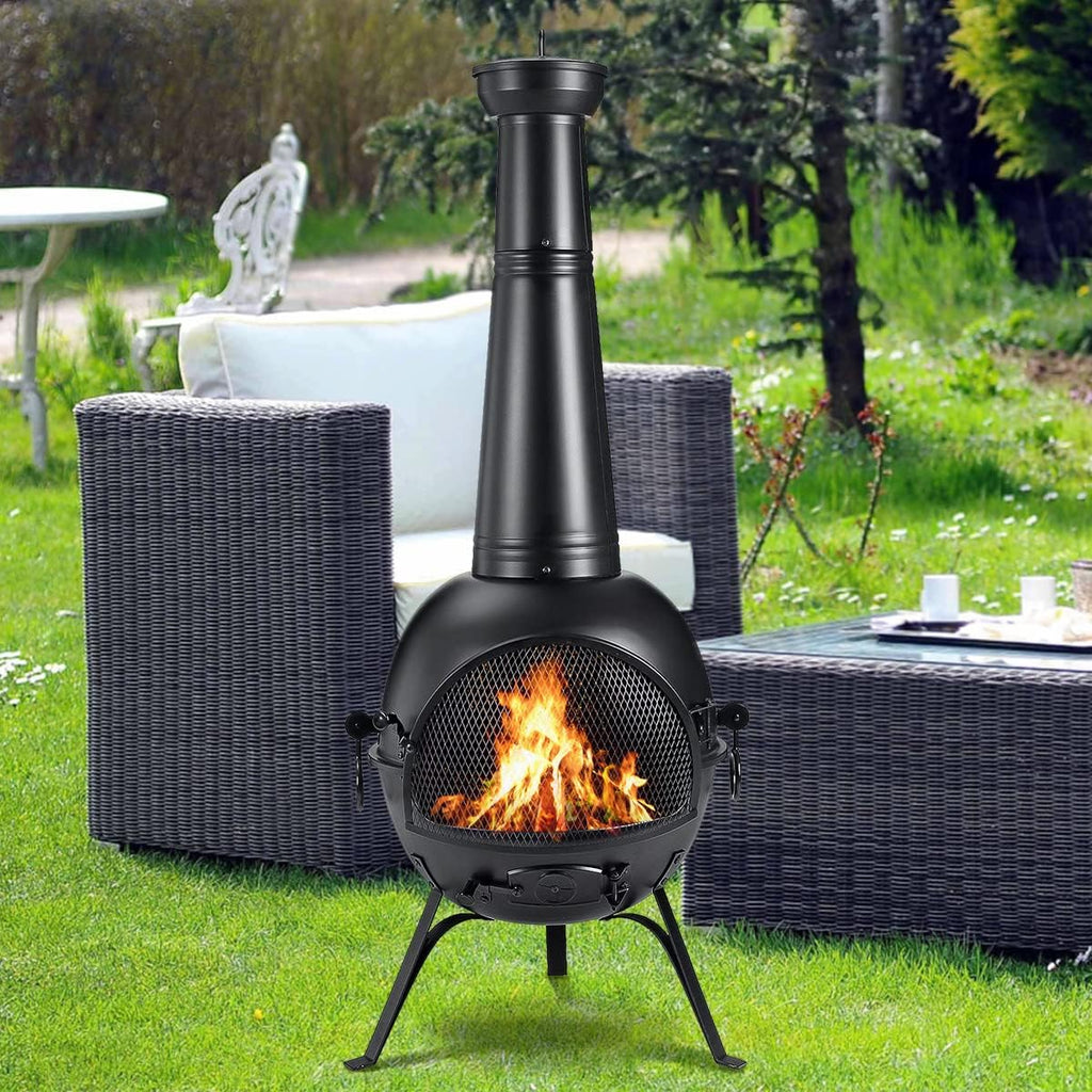Prairie Fire Outdoor Chiminea Fireplace Deck or Patio Backyard Wooden Fire Pit with Chiminea Cover Rust-Free Iron Black