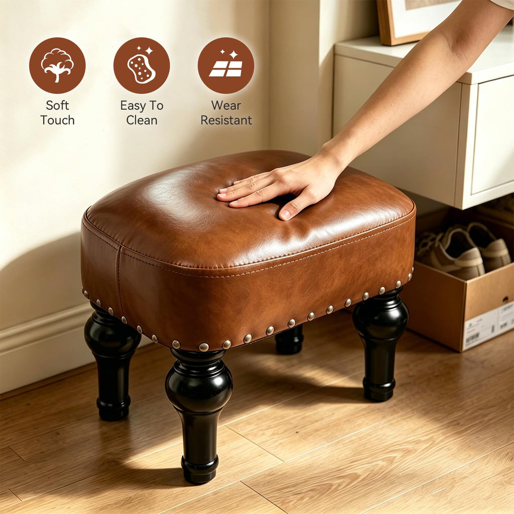 Leather Ottoman Footrest, Rustic Foot Stools Seat, Wood Footstool, Rectangle Footrest Small Ottoman, Entrance Hall