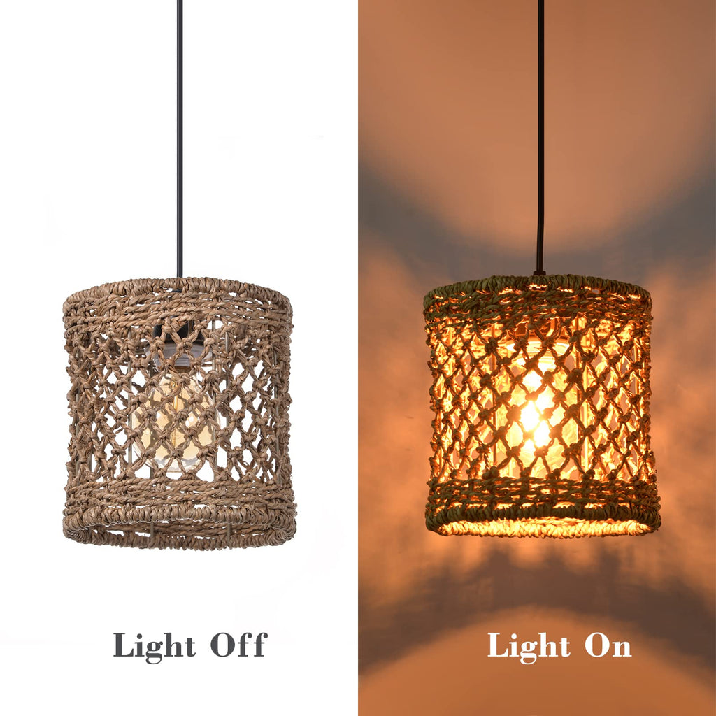 Boho Hand Woven Rattan Pendant Light Fixture, Mini Farmhouse Natural Chandelier Lighting, Retro Wicker Hanging Lamp