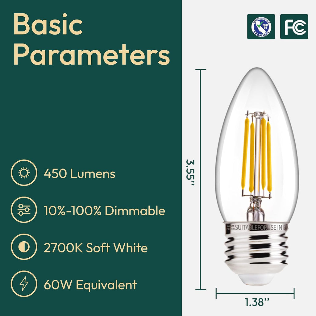 6 Pack Chandelier Light Bulbs 60W Equivalent, E26 Edison Bulb, 450LM Dimmable LED Light Bulb, 2700K Soft White, B11