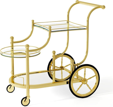 Rolling Bar Cart, Wine Tea Serving Cart with 3-Tier Shelf & 4 Wheels, Tempered Glass Bar and Serving Cart, Metal