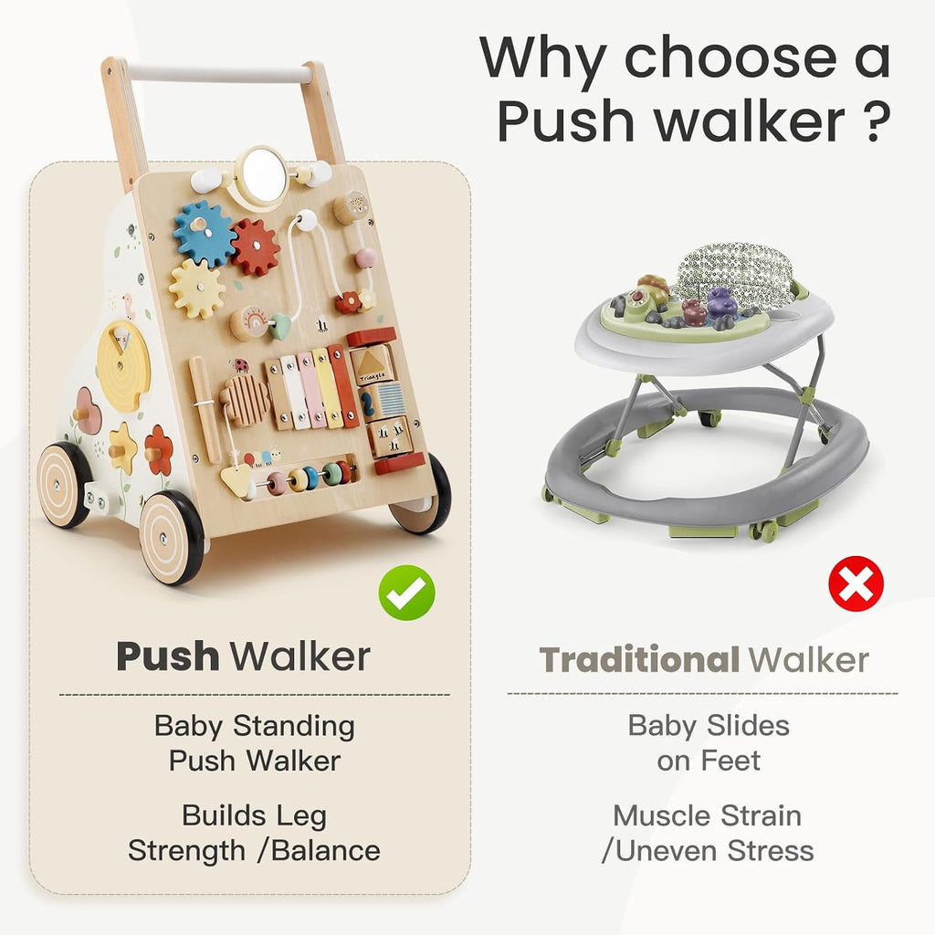 Wooden Baby Walker, Baby Push Walker for Boys and Girls 12 Months+, Adjustable Speed and Height Activity Walker