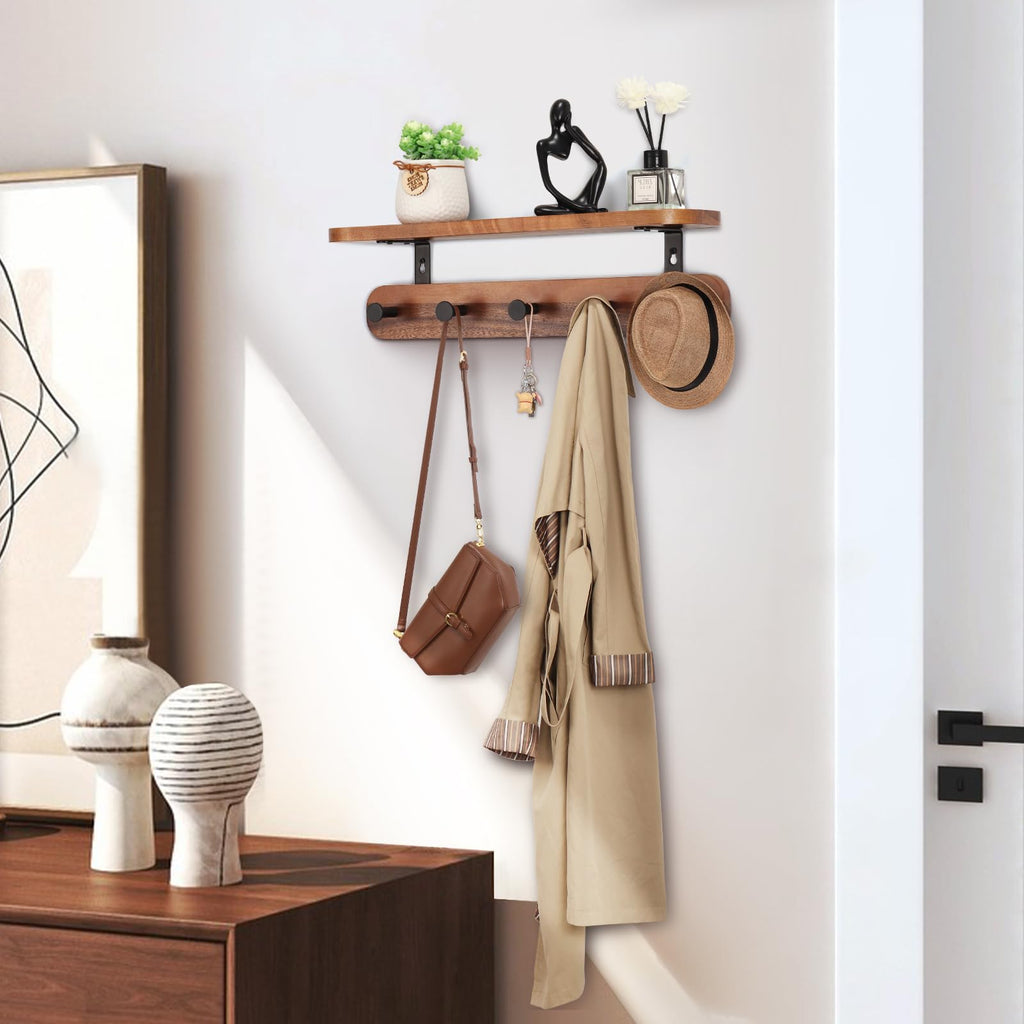 Coat Rack Wall Mount with Shelf, 17" Walnut Wood Wall Shelf with Hooks, Entryway Floating Shelves with 5 Metal