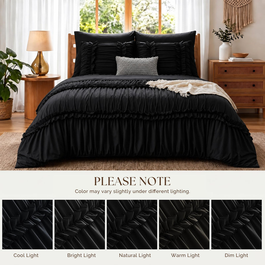 Ruffle Comforter Set, Ruched Bed in a Bag, 7-Piece, Black