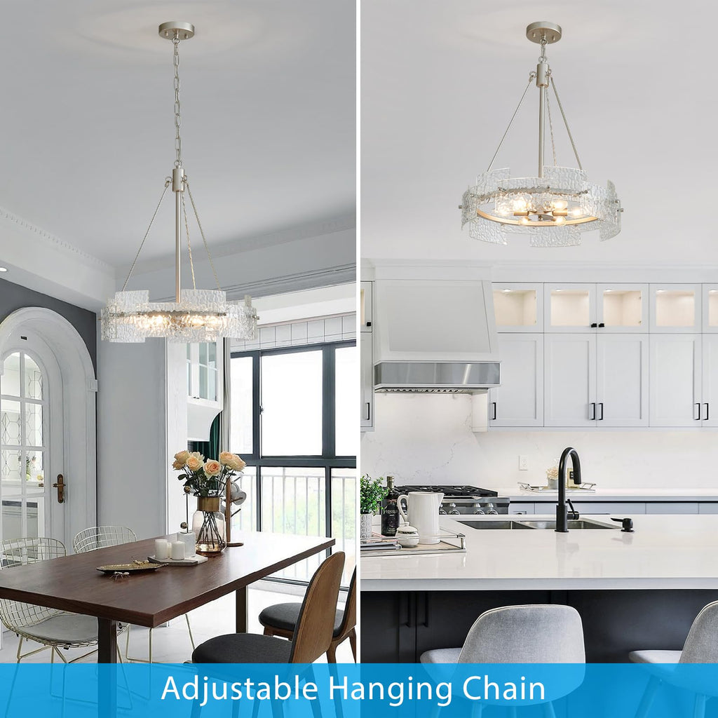 Modern Farmhouse Chandelier 6-Light Silver Glass Drum Chandeliers 19.7" Height Adjustable Water Ripple Rustic Pendant