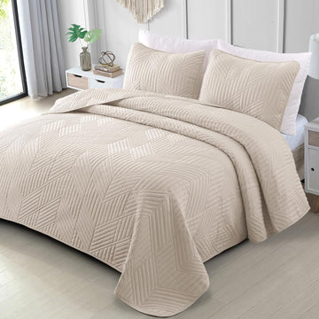 Ultrasonic Full Queen Quilt Bedding Set, Lightweight Brich Beige Bedspreads Soft Modern Geometric Coverlet Set for All Seasons (1 Quilt and 2 Pillow Shams)