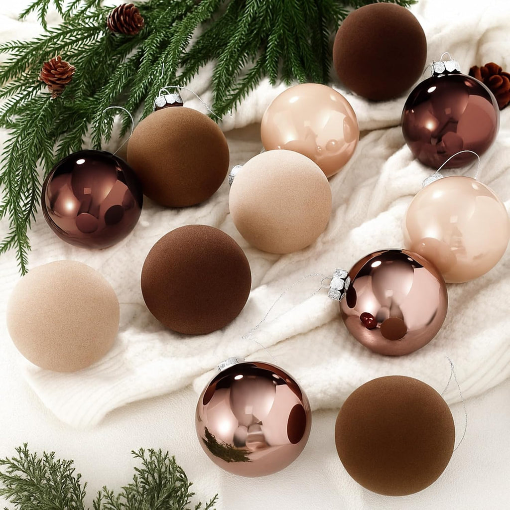 12 Pcs Neutral Christmas Ball Ornaments, 3.15" Velvet and Glass Set