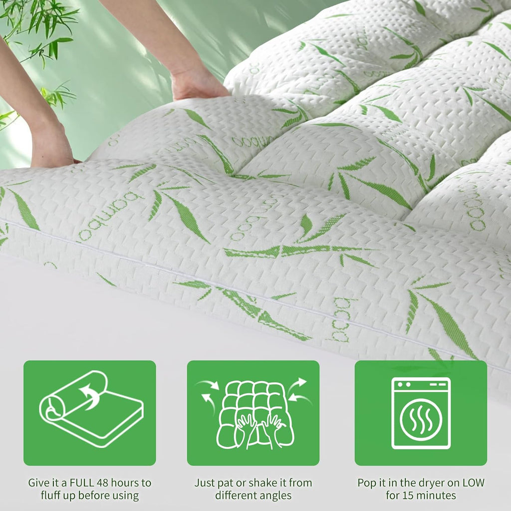 Mattress Topper - 1500GSM 3D+7D Down Alternative Fill 3 in Pillow Top Mattress Pad, Viscose Made from Bamboo Cover