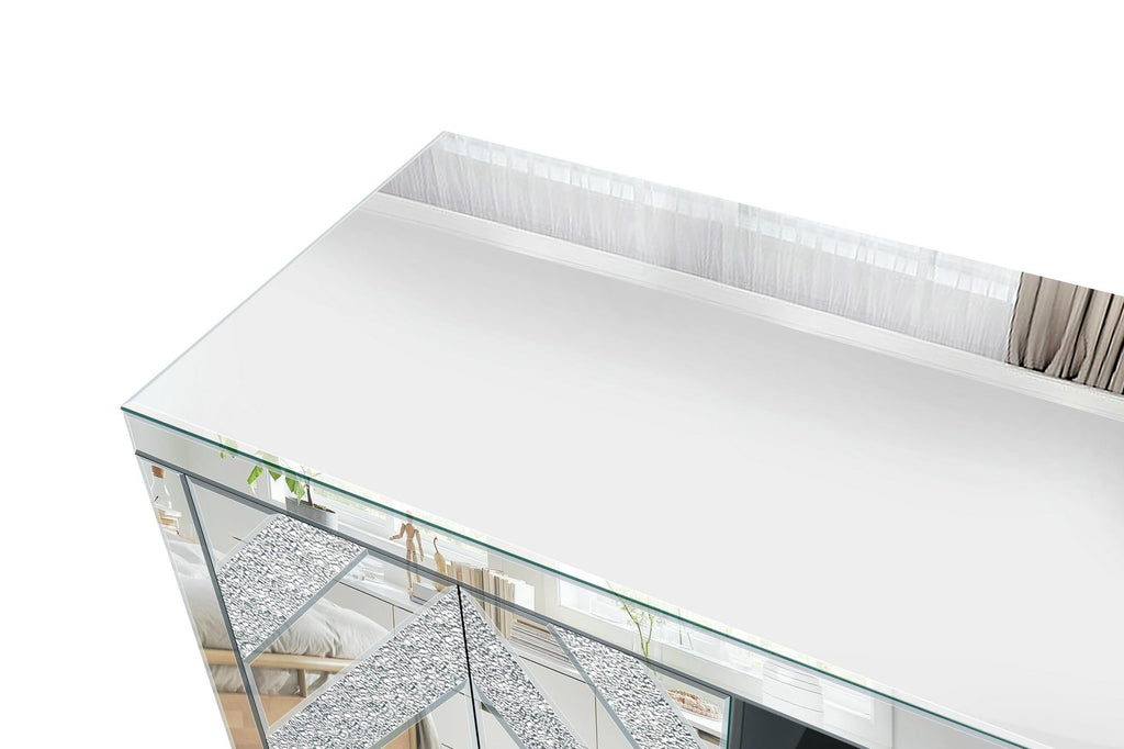 Mirrored TV Stand with Open Storage & 2 Cabinets, for 65+ Inch TV