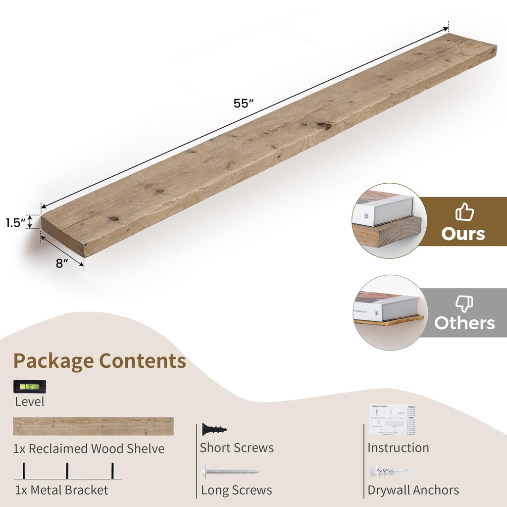 Solid Wood Floating Shelves, 8" Deep Rustic Reclaimed Barnwood Wall Hanging Floating Shelf with Invisible Heavy-Duty