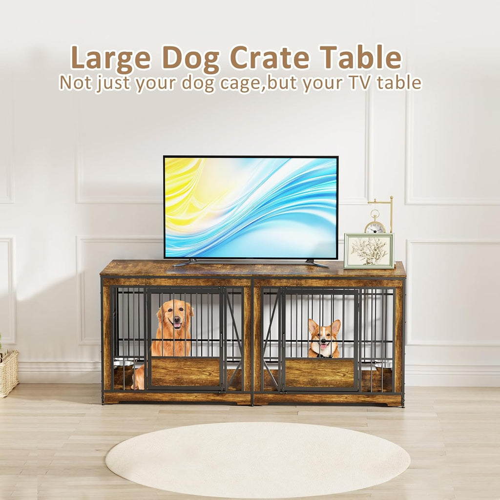 71 Inch Double Dog Crates Furniture for Large Dogs, Heavy Duty Dog Kennel Indoor with Adjustable Divider and 4 Bowls