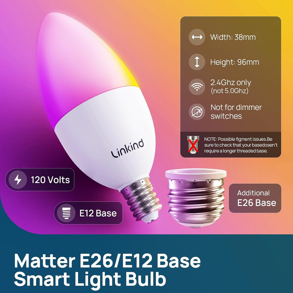Matter E12/E26 Led Bulb, Color Changing Smart Light Bulbs, 4 Pack