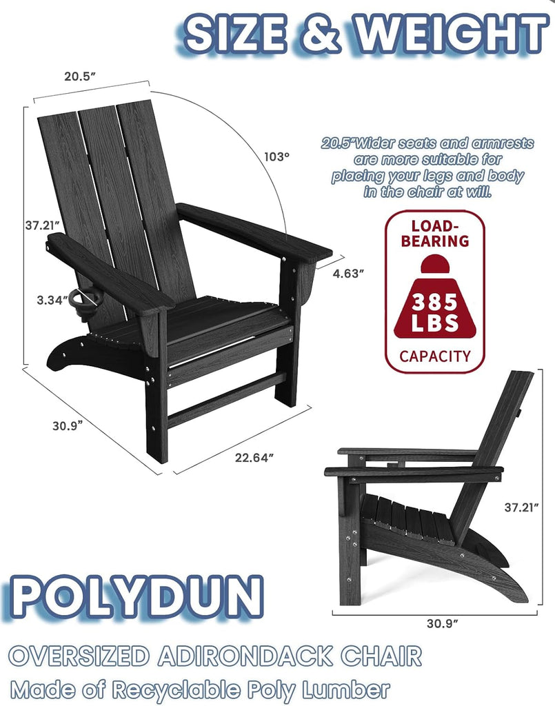 Modern Adirondack Chairs Set of 2, Cup Holder, HDPE Plastic Patio Chairs | Wood Texture Outdoor Chairs, Lawn Chairs