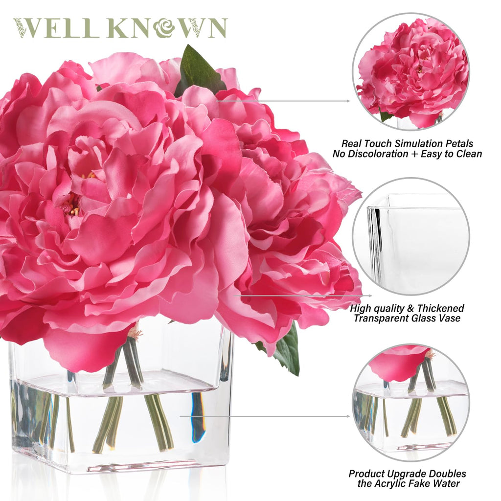 Artificial Peonies Flowers Arrangements in Cube Glass Vase, Silk Flower Centerpieces Table, Coffee Table Decor, Faux