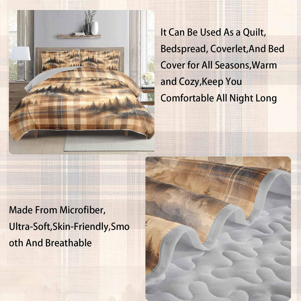 Misty Woodland Pine 3-Piece Quilt Set with 2 Pillow Shams, Beige Check Soft Lightweight Microfiber Bedding for