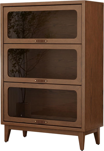 Solid Wood Storage Cabinet with Glass Doors, 3 Shelf Small Storage Cabinet, Mid Century Modern Bookcase, Kitchen