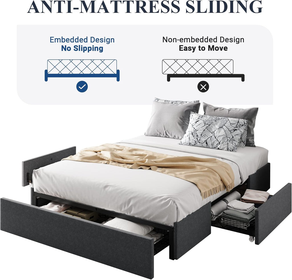Queen Platform Bed Frame with 3 Storage Drawers, Fabric Upholstered, Wooden Slats Support, No Box Spring Needed