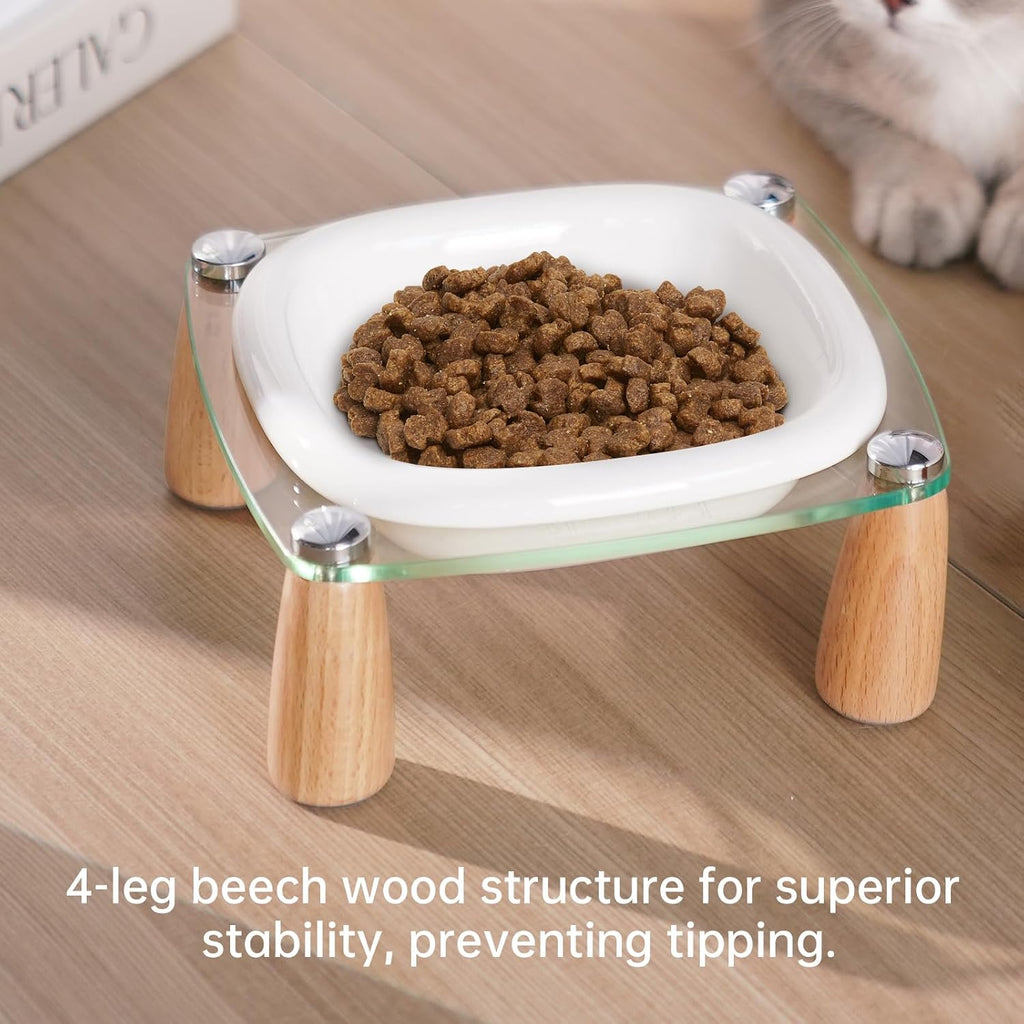 Elevated Cat Bowl and Dog Bowl, Ceramic Raised Pet Bowl with Acrylic & Wood Stand, Non-Slip, 13.5 OZ, for Cats &