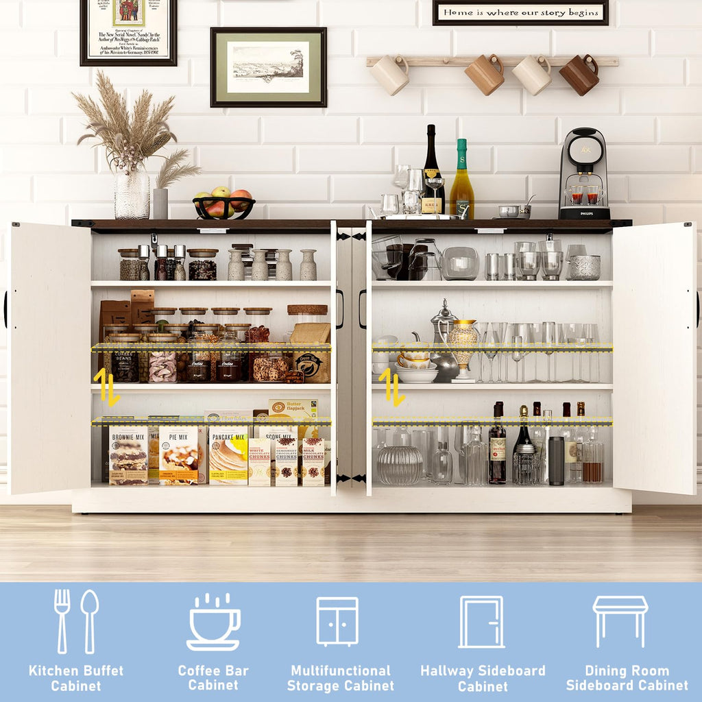 65 Inch Sideboard Buffet Cabinet with Storage, Farmhouse Kitchen Sideboard Cabinets with Adjustable Shelves, Wooden