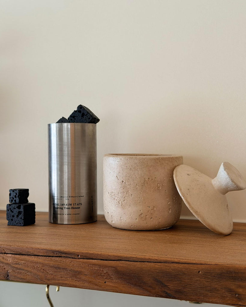 Travertine Stone Inspired Decorative Storage Jar with Lid, Beige Textured Wabi Sabi Storage Container, Vintage Mid
