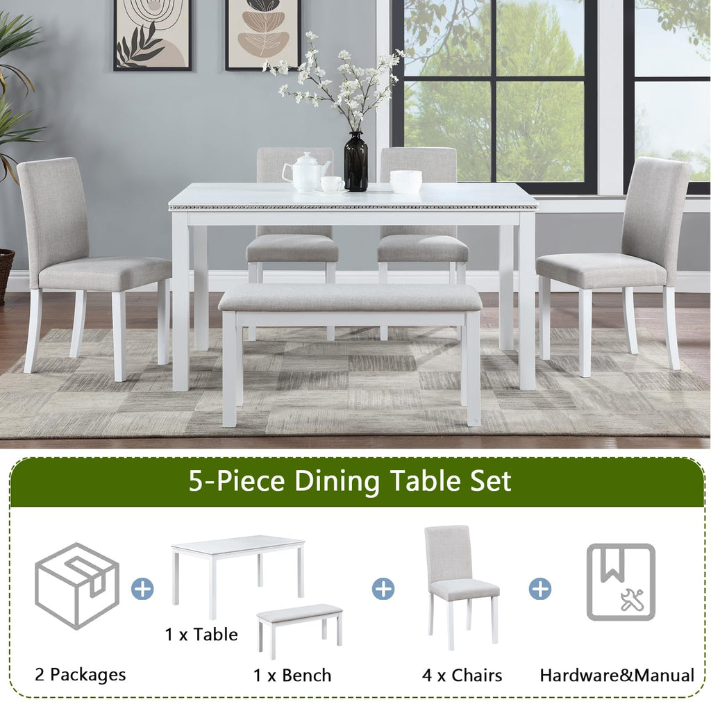 6-Piece Dining Table Set for 6, Solid Wood Kitchen Table Set with 4 Upholstered Chairs & Bench, White