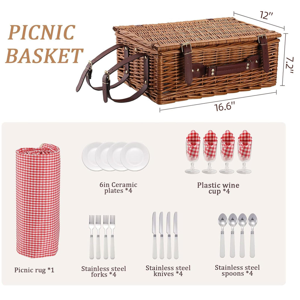 Red Plaid Wicker Picnic Basket for 4 with Waterproof Blanket