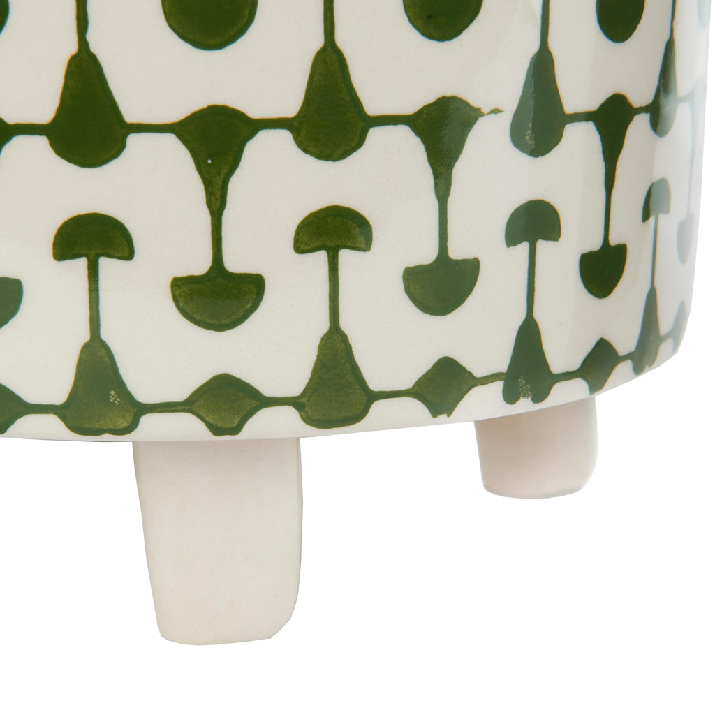 Footed Stoneware Planter with Abstract Print, Green and White