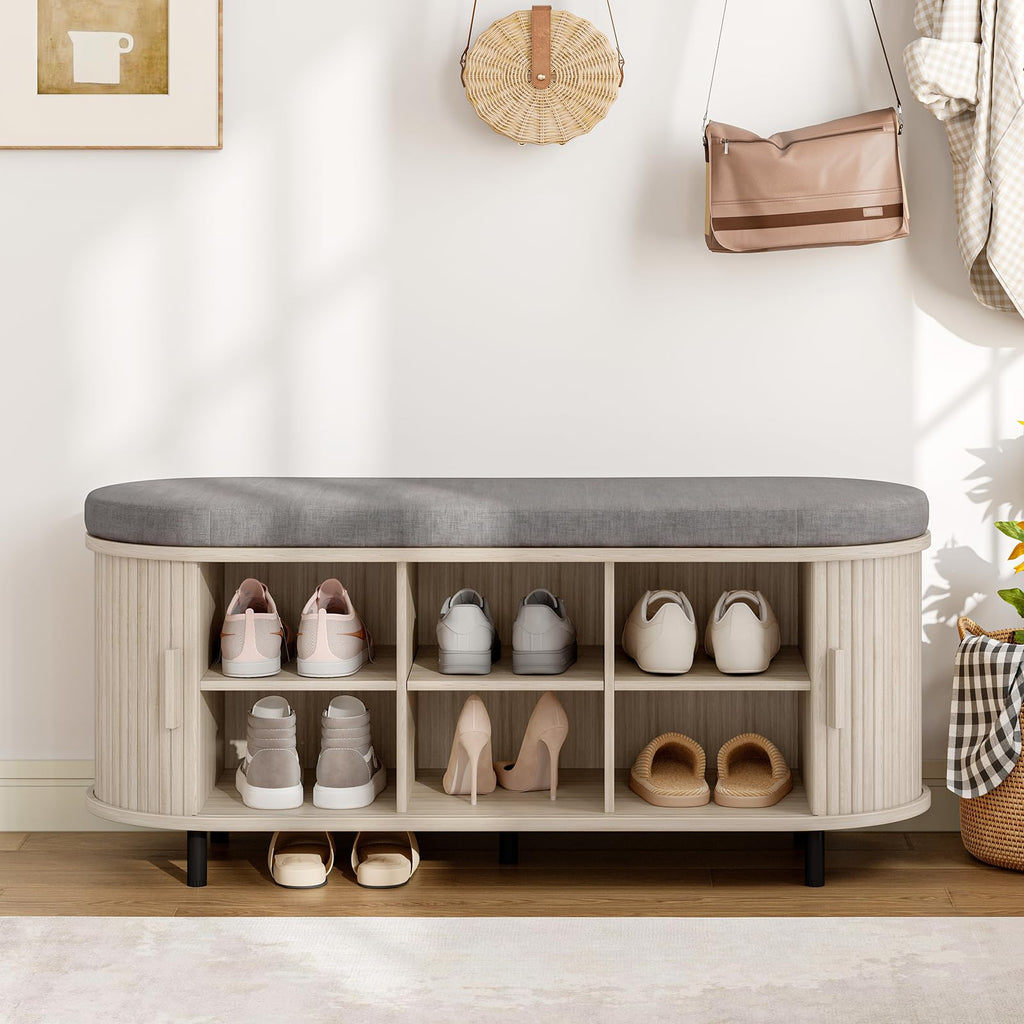 43" Shoe Bench with Storage, Fluted Shoe Storage Bench, White