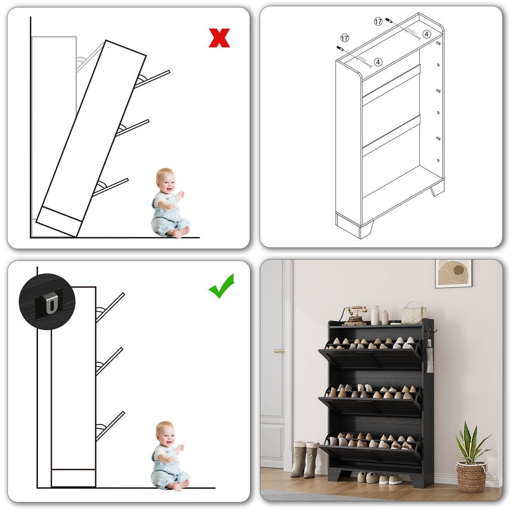 Shoe Cabinet Storage, Slim Shoe Storage Cabinet with 3 Flip Drawers, Freestanding Hidden Narrow Shoe Organizer