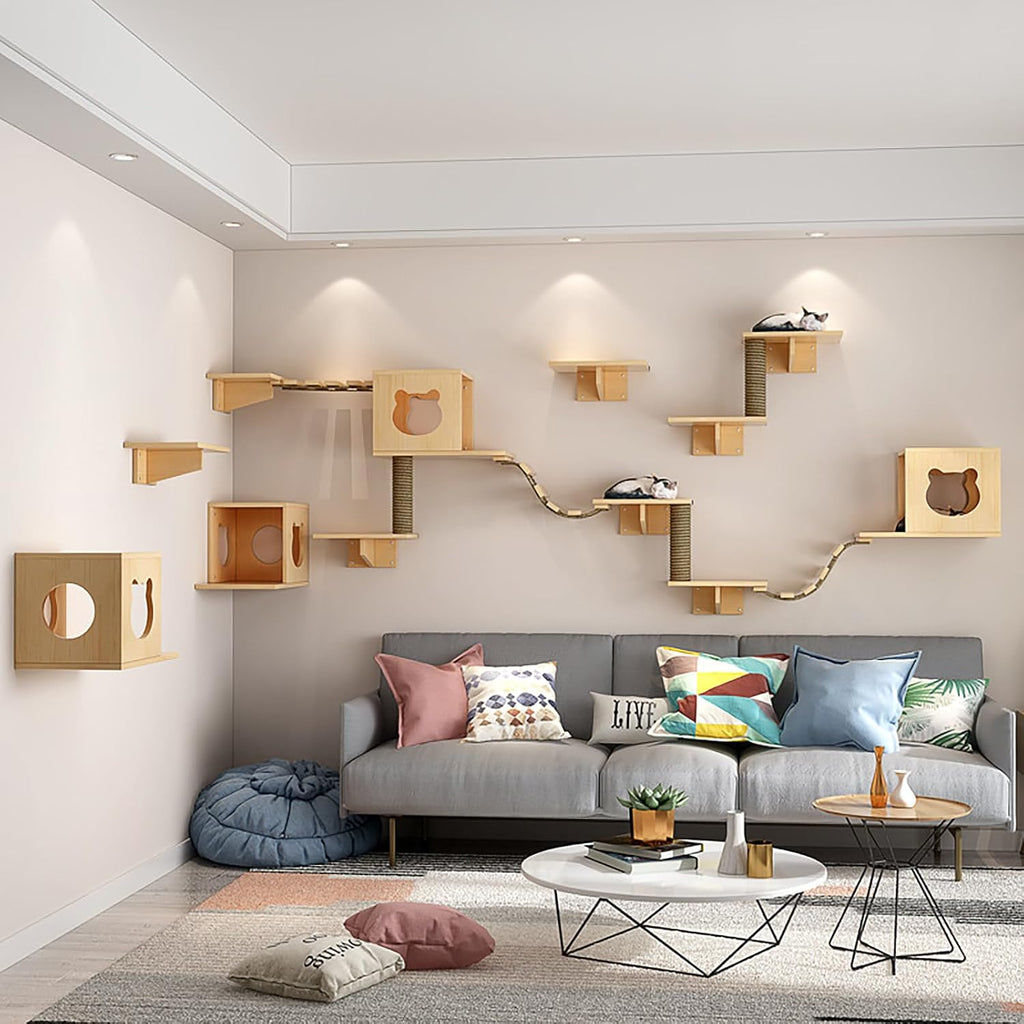 Cat Wall Shelves and Furniture Set with Condos, Perches, Bridge Ladders, Sisal Scratching Posts - Steps and Houses