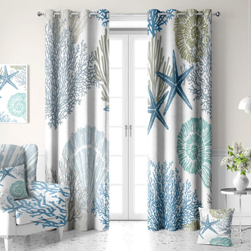 Blue Teal Coastal Window Curtains, Beach Nautical Starfish Coral Window Drapes Blackout Treatment Darkening Thermal