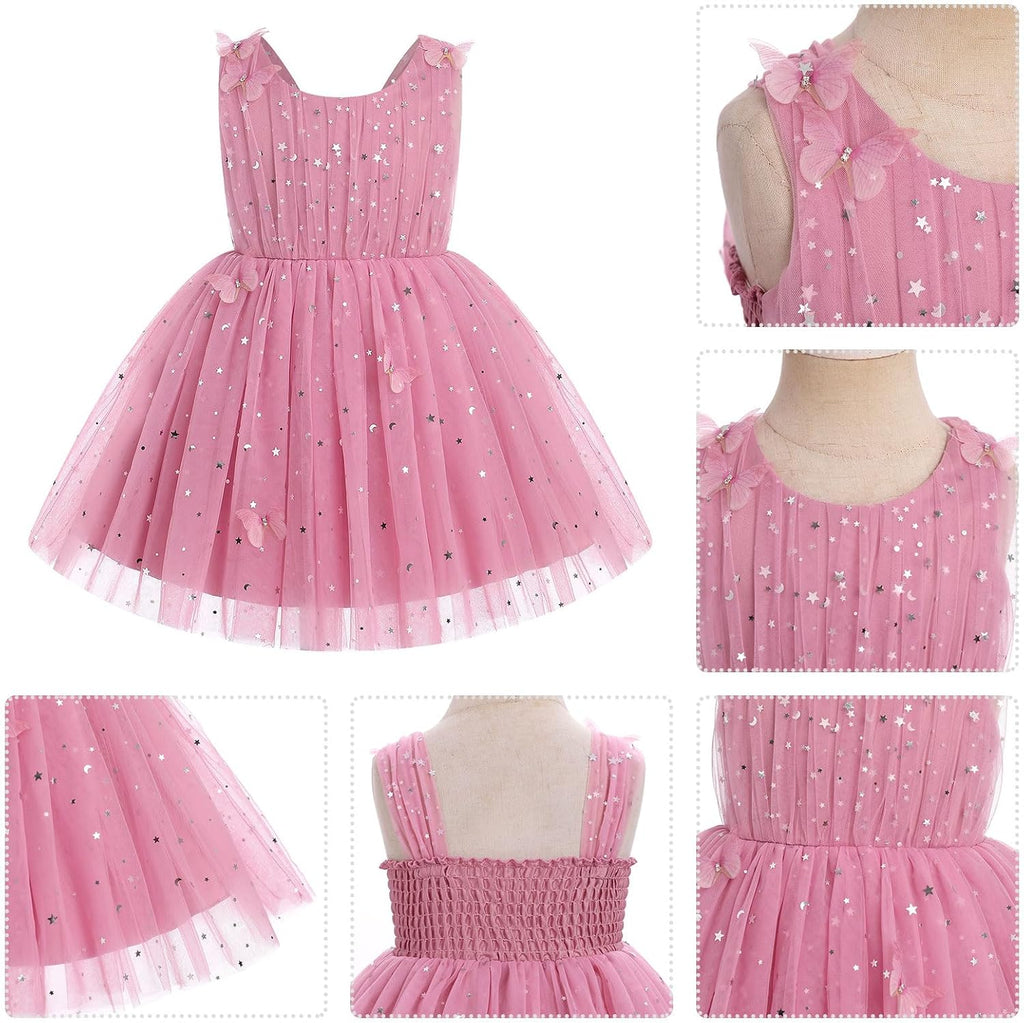 Toddler Baby Girls Sequin Butterfly Birthday Dress Smocked Backless Tulle Party Pageant Flower Girl Wedding Dresses