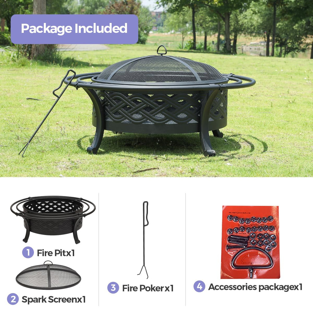 Outdoor Fire Pit with Spark Screen Wood Burning 42 Inch