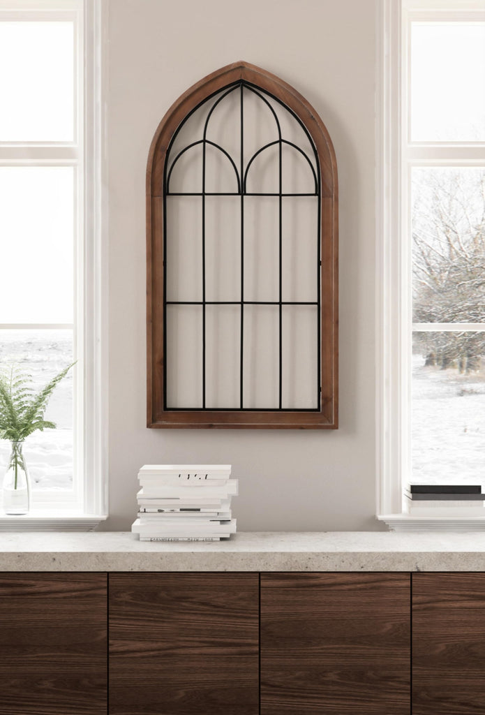 Rennell Farmhouse Arched Wall Art Plaque; 19 x 36; Walnut Brown and Black; Wood and Metal Windowpane Wall Decor for
