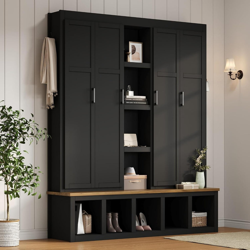 Modern Farmhouse Hall Tree with Bench, 4-in-1 Entryway Storage Cabinet & Shoe Organizer with Hooks, Black