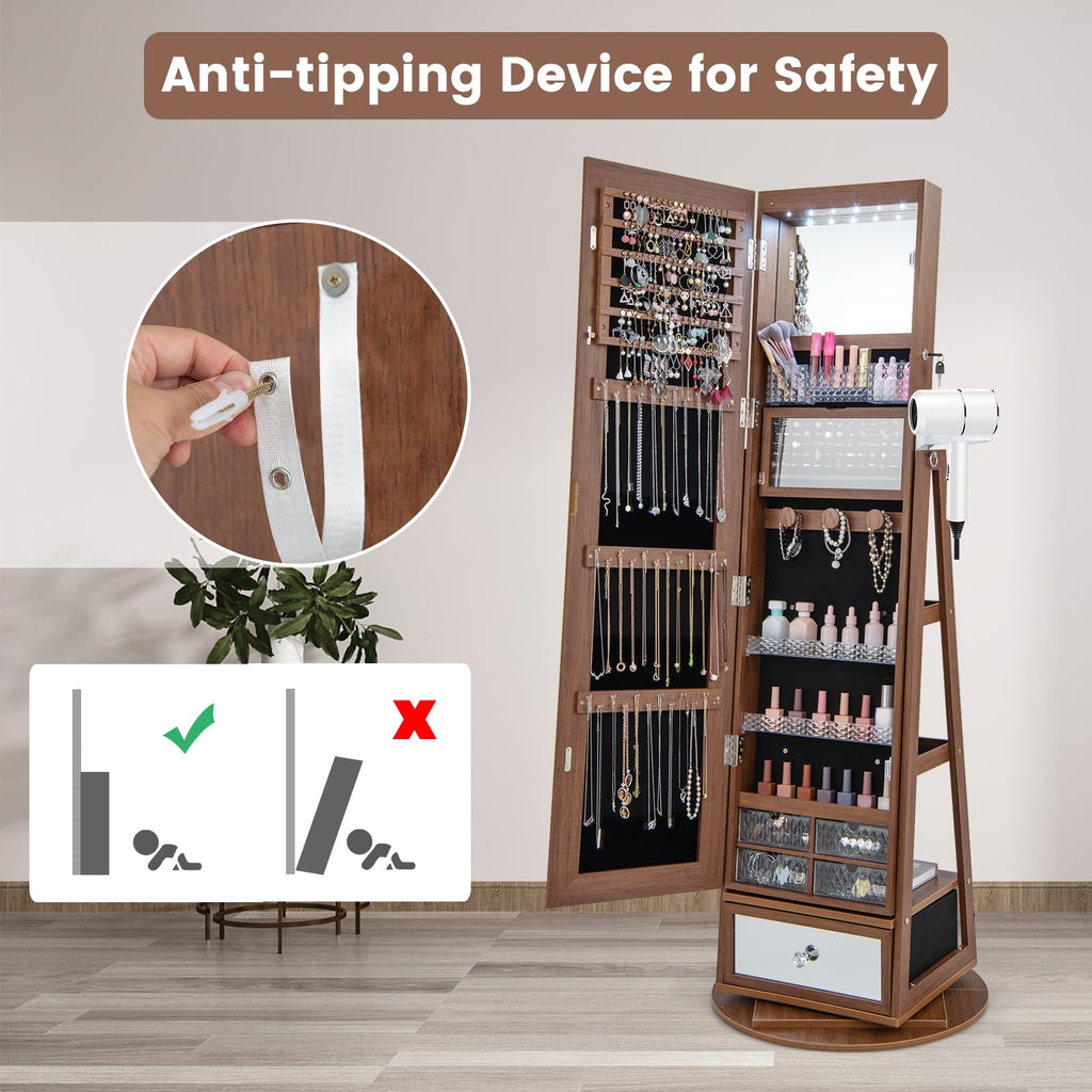 360 Rotating Jewelry Cabinet with Full Length Mirror, Standing LED Jewelry Armoire, Lockable Organizer with Hair