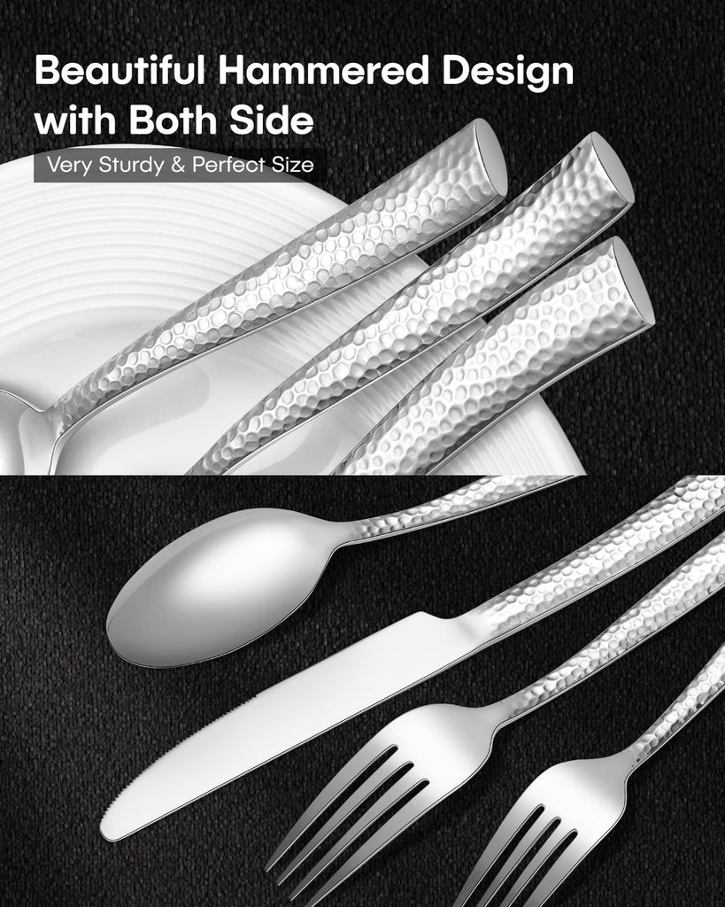 48-Piece Hammered Silverware Set with Steak Knives, Stainless Steel Flatware Set for 8, Mirror Finish Cutlery Set