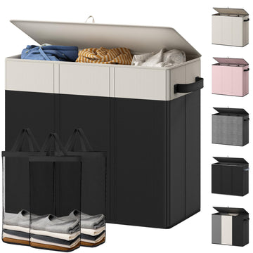 180L Laundry Hamper 3 Section, Large Hamper with Mesh Bags & Lid