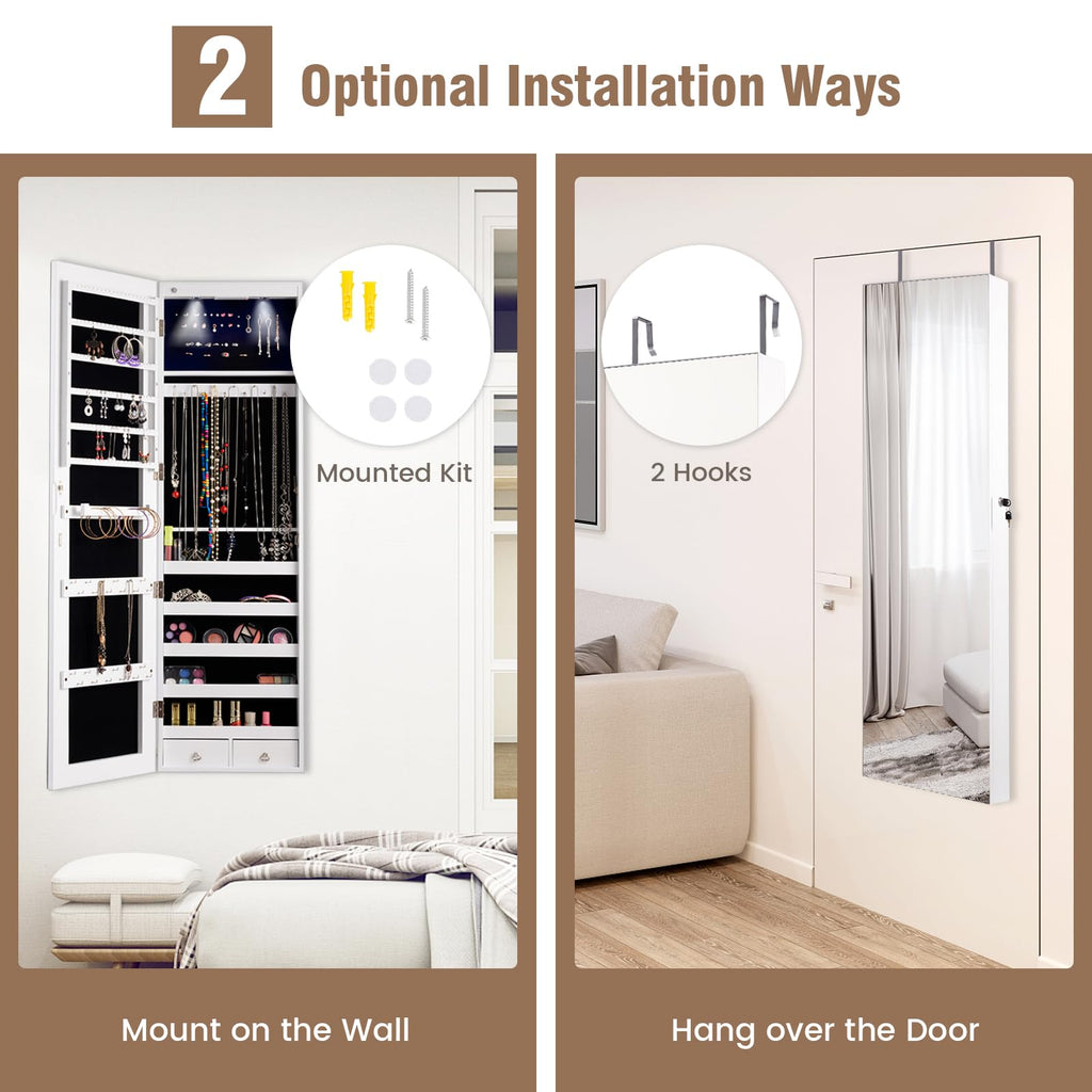 Jewelry Armoire Wall or Door Mounted, Full-Length Mirror with Storage, Lockable Mirror Jewelry Cabinet w/ 2 Drawers